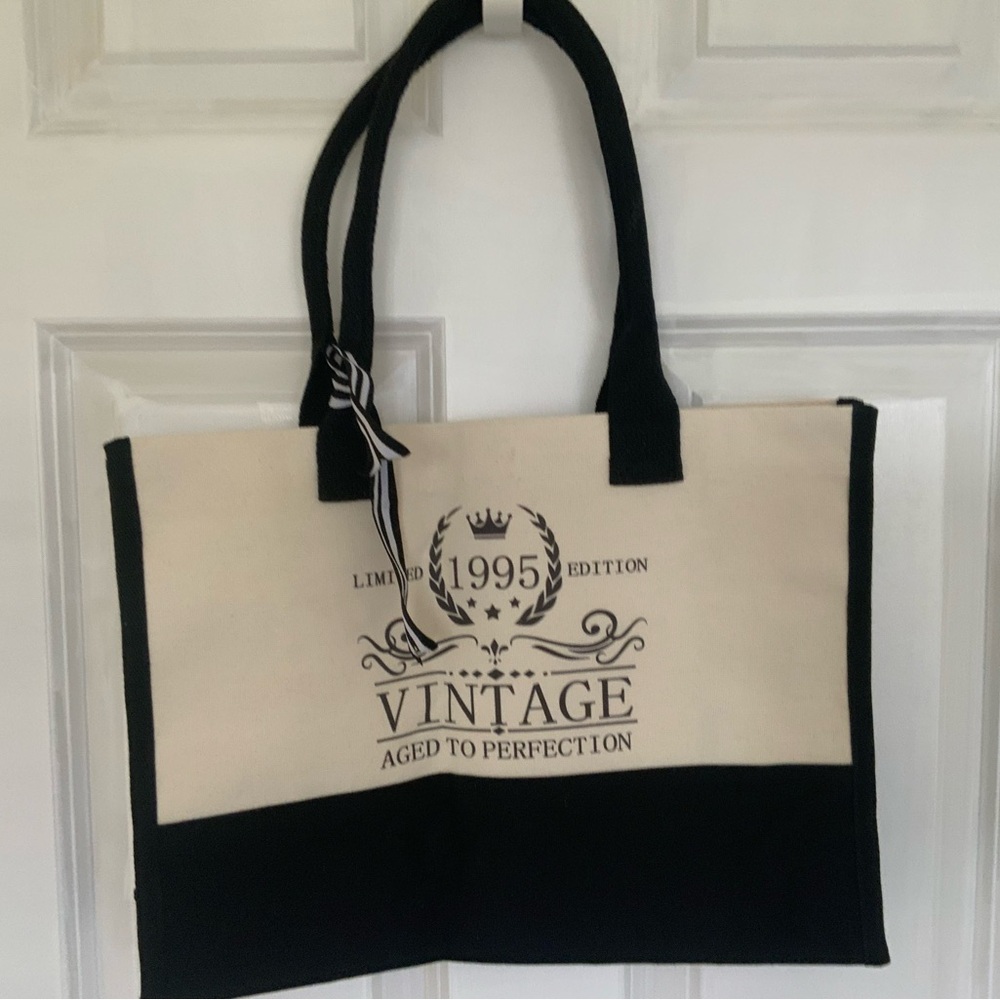 Vintage 1995 'Aged to Perfection' Canvas Tote - Black & Cream